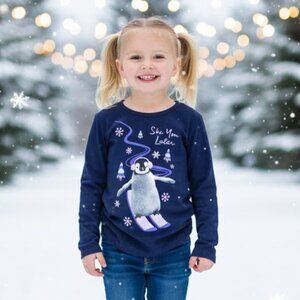 Wonder Nation Navy Long Sleeve Penguin Graphic Shirt Kids XL (14/16)